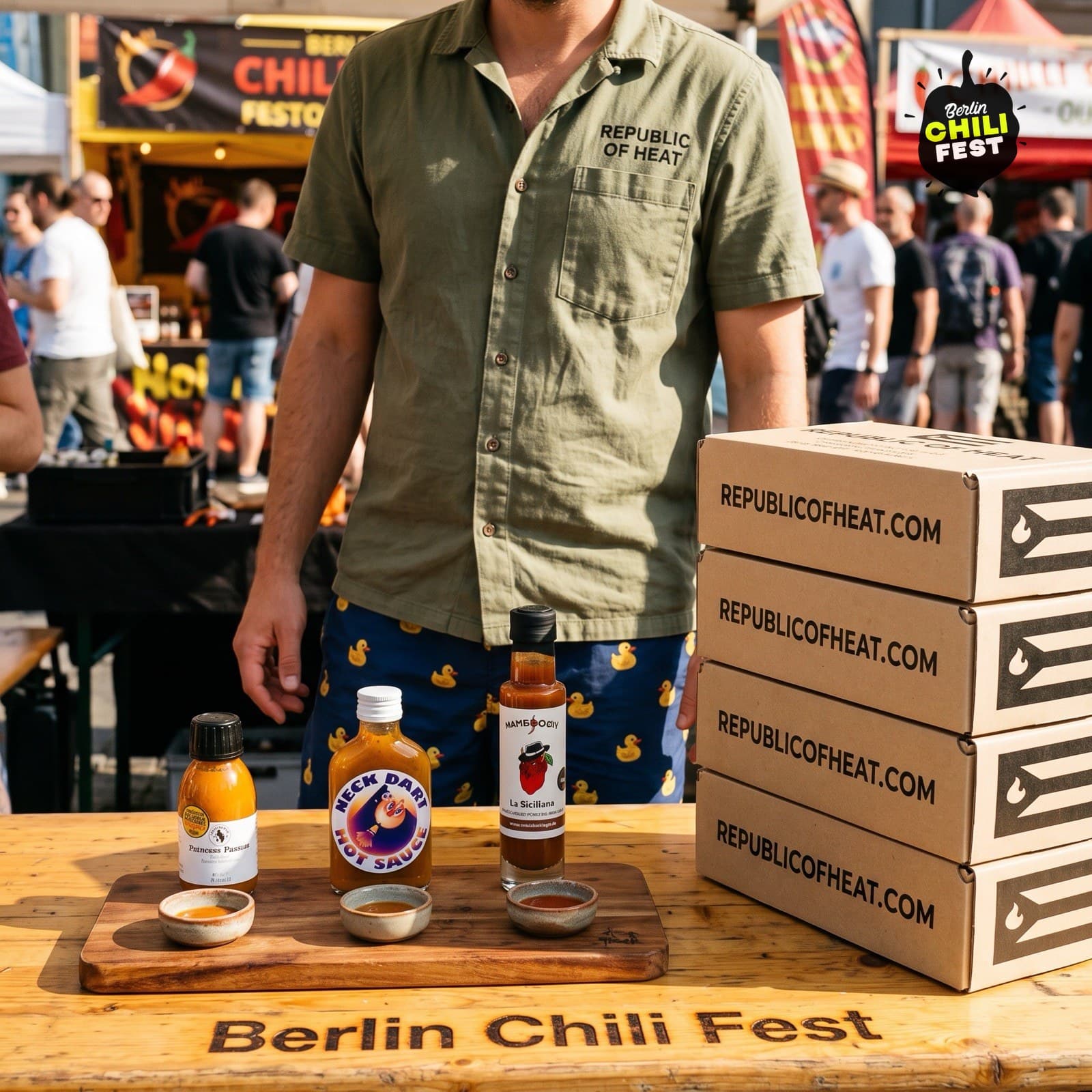 Republic of Heat sample boxes and a tasting board of sauces at a Berlin Chili Fest stall.